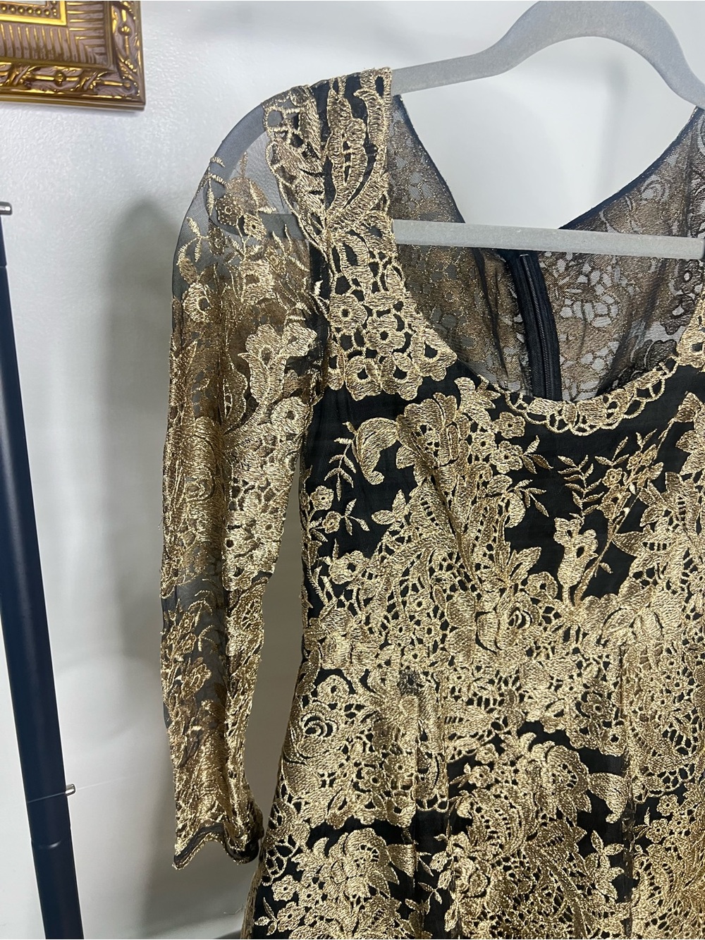 Marchesa Black and Gold Lace Long-Sleeve Fit-and-Flare Dress - Picture 2 of 7